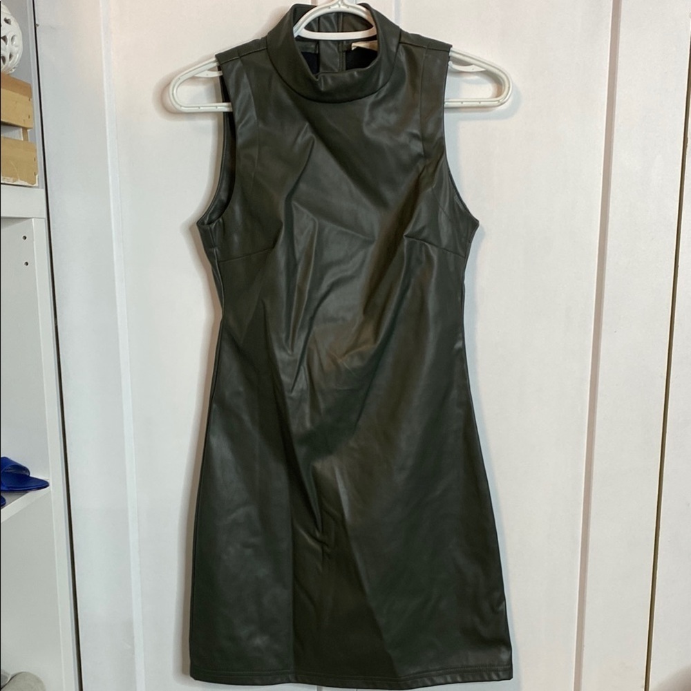 Mock Neck Sleeveless Mini Dress in Dark Olive Faux Leather